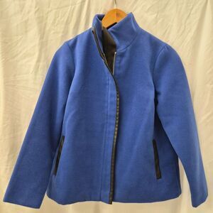 Rafaella PXS Blue Fleece Jacket Faux Leather Trim Gold Zip Petite